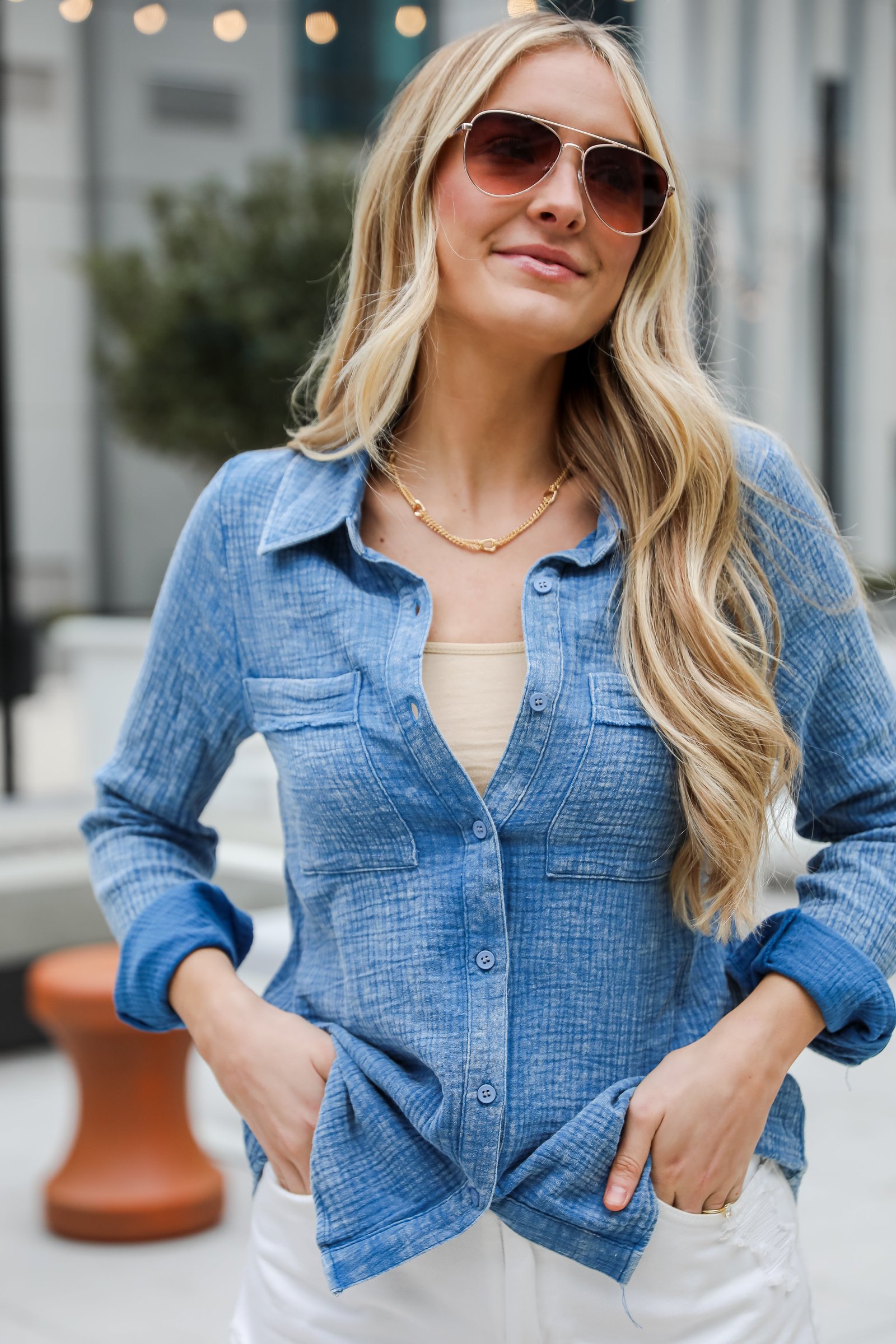 Morgan Denim Linen Button-Up Blouse - DU DEAL