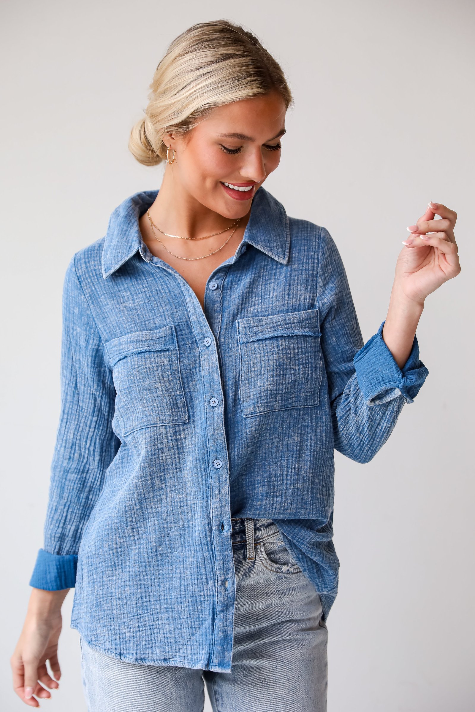 Morgan Denim Linen Button-Up Blouse - DU DEAL