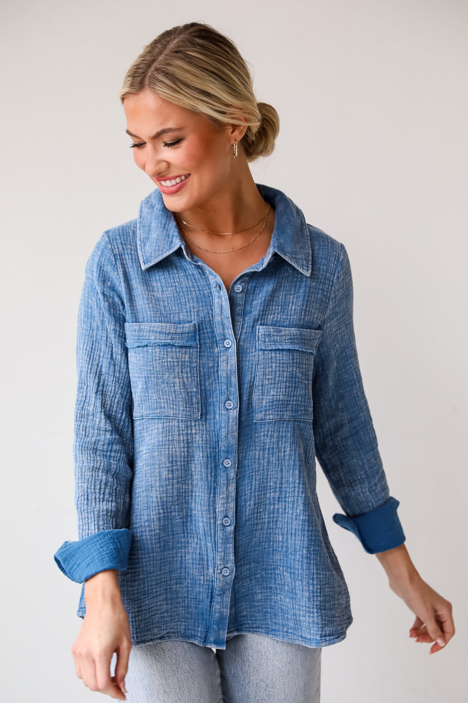 Morgan Denim Linen Button-Up Blouse - DU DEAL