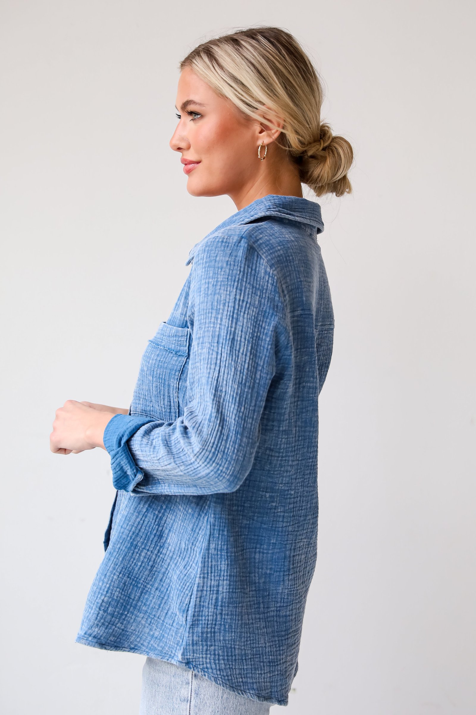 Morgan Denim Linen Button-Up Blouse - DU DEAL
