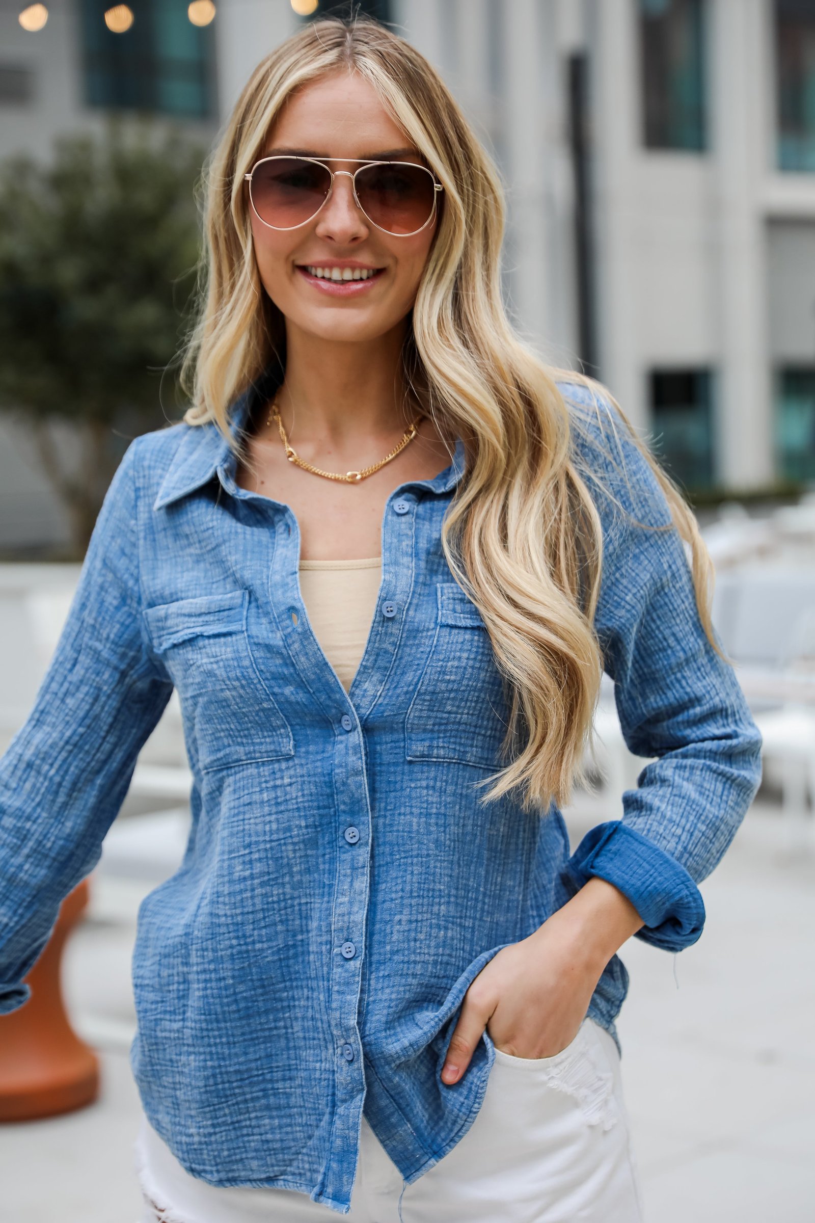 Morgan Denim Linen Button-Up Blouse - DU DEAL