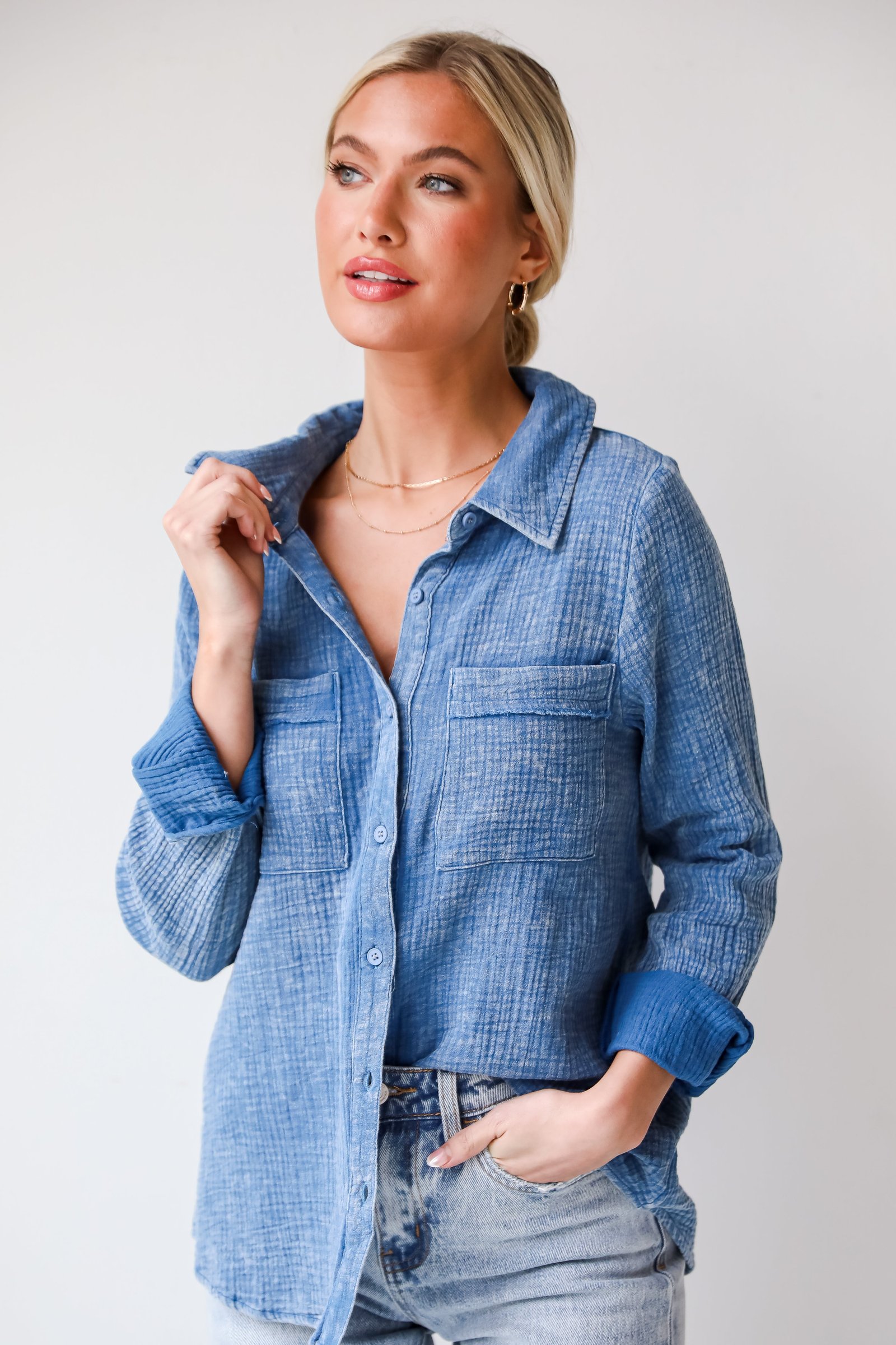 Morgan Denim Linen Button-Up Blouse - DU DEAL